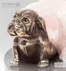 Bronze figure of a dog breed Bulldog with pink calcite and pyrite on a dolerite plate  Бронзовая собака породы Бульдог с розовым кальцитом на пластине из долерита