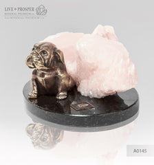 Bronze figure of a dog breed Bulldog with pink calcite and pyrite on a dolerite plate  Бронзовая собака породы Бульдог с розовым кальцитом на пластине из долерита
