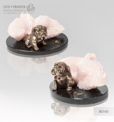 Bronze figure of a dog breed Bulldog with pink calcite and pyrite on a dolerite plate  Бронзовая собака породы Бульдог с розовым кальцитом на пластине из долерита