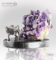 Silver Bull figure with amethyst geode agate druzy on dolerit plate
