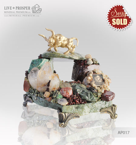 Gold plated Bronze Bull on a hill made of gems and rock crystal on a marble plate