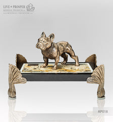 Bronze figure of a dog breed British Bulldog on jasper plate Бронзовая собака породы Английский Бульдог на панно из пейзажной яшмы