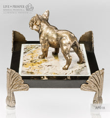 Bronze figure of a dog breed British Bulldog on jasper plate Бронзовая собака породы Английский Бульдог на панно из пейзажной яшмы