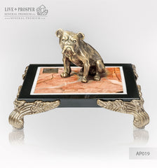 Bronze figure of a dog breed British Bulldog on jasper plate Бронзовая собака породы Английский Бульдог на панно из пейзажной яшмы