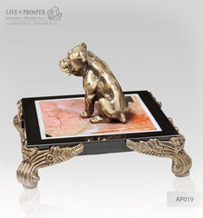 Bronze figure of a dog breed British Bulldog on jasper plate Бронзовая собака породы Английский Бульдог на панно из пейзажной яшмы