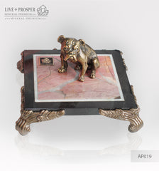 Bronze figure of a dog breed British Bulldog on jasper plate Бронзовая собака породы Английский Бульдог на панно из пейзажной яшмы