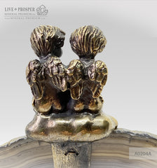 Clock with a bronze cupid figures with garnet heart on agate plate Часы с бронзовыми купидонами и сердцем из граната на пластине из агата подарок на свадьбу 