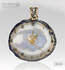 Clock with a bronze cupid figures with garnet heart on agate plate Часы с бронзовыми купидонами и сердцем из граната на пластине из агата подарок на свадьбу 