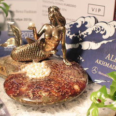 Bronze Mermaid  Figure with River and Sea Pearls on Ammonite Бронзовая Русалочка с Речным и Морским Жемчугом на Аммоните