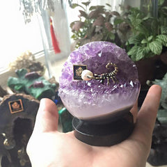 Bronze figure of scorpion at geode agate amethyst sphere with sea pearl on dolerite plate Бронзовый скорпион в жеод аметиста агатовом шаре с морской жемчужиной на пластине из долерита