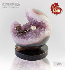 Bronze figure of Scorpion at Geode agate amethyst Sphere with Sea pearl