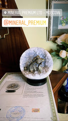 Bronze figure of goldfish with demontoids eyes in amethyst agate geodes sphere on a dolerite plate Бронзовая "Золотая" рыбка с глазами из демантоидов в шаре из жеод агата аметиста на пластине из долерита
