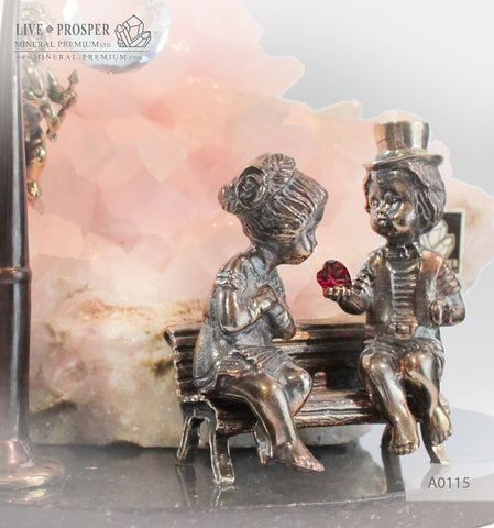 Bronze Cupid and Sweethearts on a Bench with Garnet heart