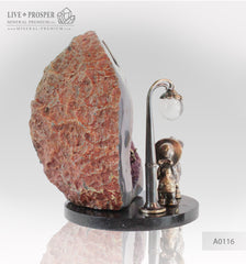 Bronze Cupid and Sweethearts with Agate Geode Amethyst and Rock- crystal sphere on a Dolerite plate