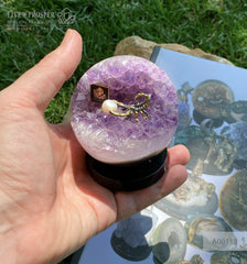 Bronze figure of scorpion at geode agate amethyst sphere with sea pearl and dermatoid inserts on dolerite plate Бронзовый скорпион в жеода аметиста агатовом шаре с морской жемчужиной и вставками из демантоидов на пластине из долерита