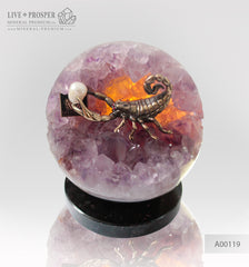 Bronze figure of Scorpion at Geode agate Amethyst sphere with Aea pearl and Dermatoid inserts