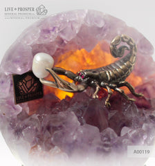 Bronze figure of Scorpion at Geode agate Amethyst sphere with Aea pearl and Dermatoid inserts