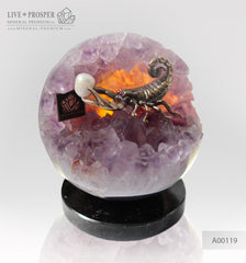 Bronze figure of Scorpion at Geode agate Amethyst sphere with Aea pearl and Dermatoid inserts