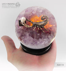 Bronze figure of Scorpion at Geode agate Amethyst sphere with Aea pearl and Dermatoid inserts