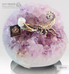 Bronze figure of Scorpion at Geode agate Amethyst sphere with Aea pearl and Dermatoid inserts