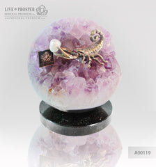 Bronze figure of Scorpion at Geode agate Amethyst sphere with Aea pearl and Dermatoid inserts