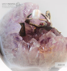 Bronze figure of Scorpion at Geode agate Amethyst sphere with Aea pearl and Dermatoid inserts