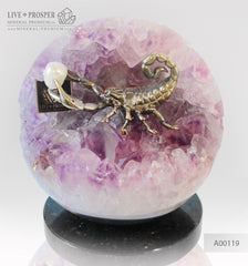 Bronze figure of Scorpion at Geode agate Amethyst sphere with Aea pearl and Dermatoid inserts