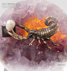 Bronze figure of Scorpion at Geode agate Amethyst sphere with Aea pearl and Dermatoid inserts