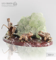 Bronze figure of Frog couple with Demantoid inserts and Fluorite on a Marvel plate 
