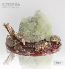 Bronze figure of Frog couple with Demantoid inserts and Fluorite on a Marvel plate