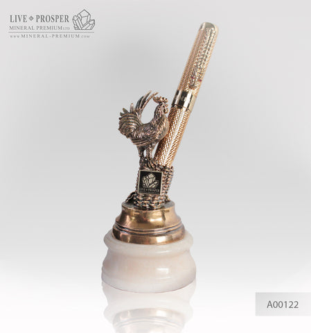 Bronze rooster figure with on marble plate penholder A00122