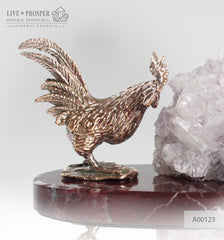 Bronze Rooster figure with amethyst geode agate druzy on marble plate