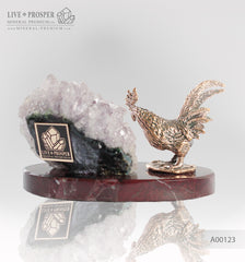 Bronze Rooster figure with amethyst geode agate druzy on marble plate