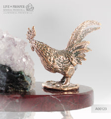 Bronze Rooster figure with amethyst geode agate druzy on marble plate