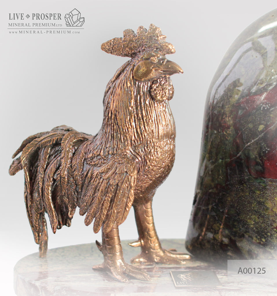 Bronze Rooster figure with a heliotrope on marble plate 