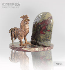 Bronze Rooster figure with a heliotrope on marble plate 