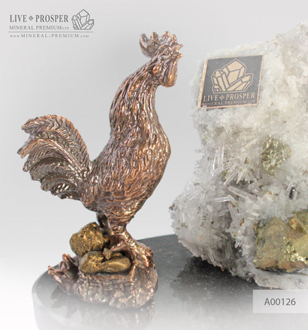 Bronze Rooster figure with a quartz and pyrite on dolerite plate