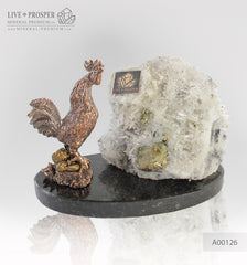 Bronze Rooster figure with a quartz and pyrite on dolerite plate 