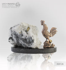Bronze Rooster figure with a quartz and pyrite on dolerite plate 
