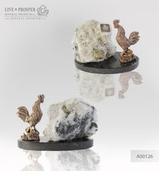Bronze Rooster figure with a quartz and pyrite on dolerite plate 