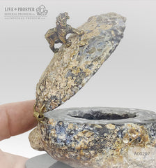 Handmade bronze tiger figure on agate druzy box at dolerite base