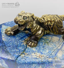 Handmade bronze tiger figure with Swarovski inserts and lapis lazuli plate on a dolerite base