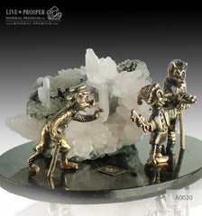 Bronze Pinocchio fairy tale Figures with Calcite on a Dolerite plate