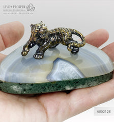 Handmade bronze tiger figure with Swarovski inserts and agate and marble plates  A00212B