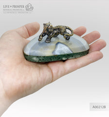 Handmade bronze tiger figure with Swarovski inserts and agate and marble plates  A00212B