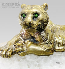 Handmade bronze tiger with demantoids inserts on an agate plate 