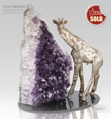 Bronze Giraffe Figure with Amethyst on Dolerite plate