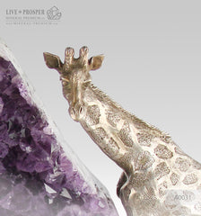 Bronze Giraffe Figure with Amethyst on Dolerite plate
