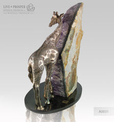 amethyst with bronze giraffe figure with amethyst on dolerite plate 