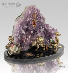 Bronze Dwarf with Miners mouse Figures at Amethyst mine on dolerite plate  Бронзовые Гном с шахтерами Мышами в шахте из Аметиста на пластине из долерита